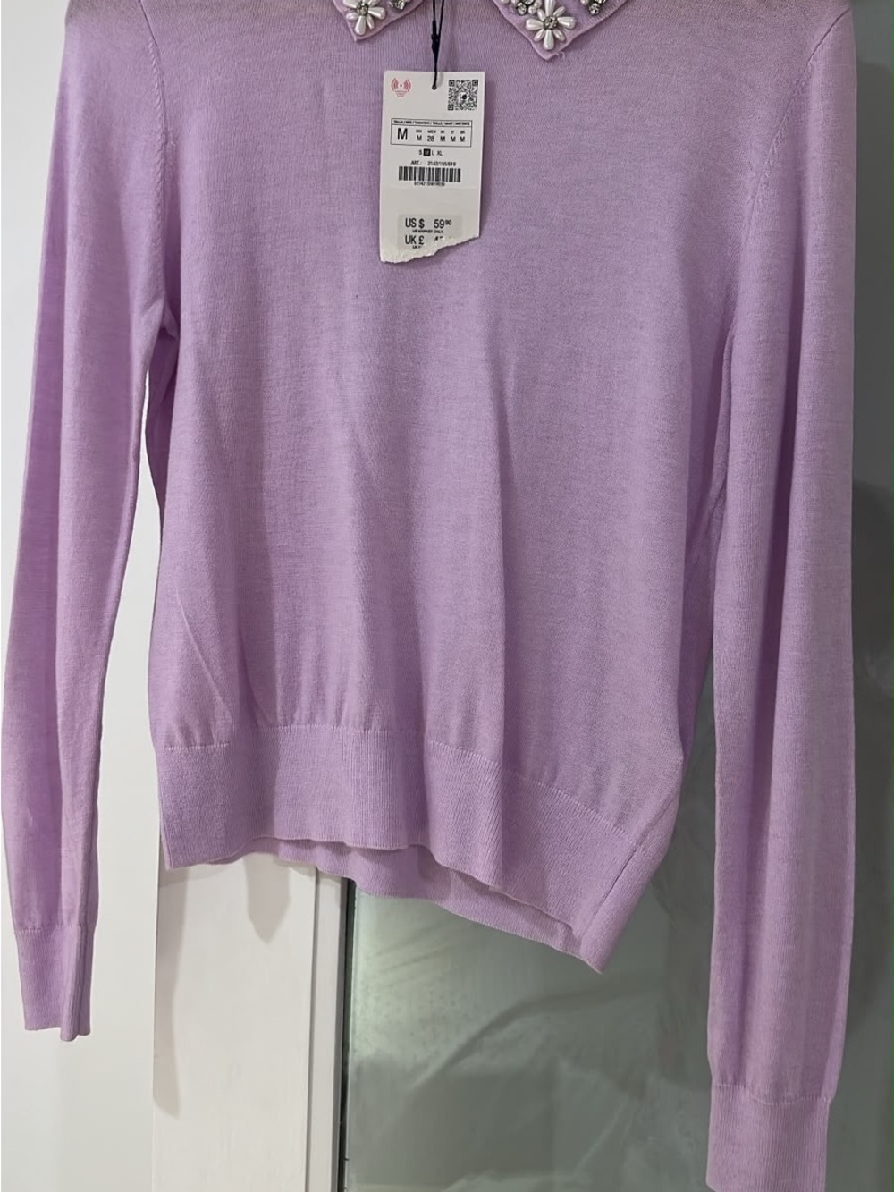 NWT Zara Lilac Embellished Collar Crewneck Sweater